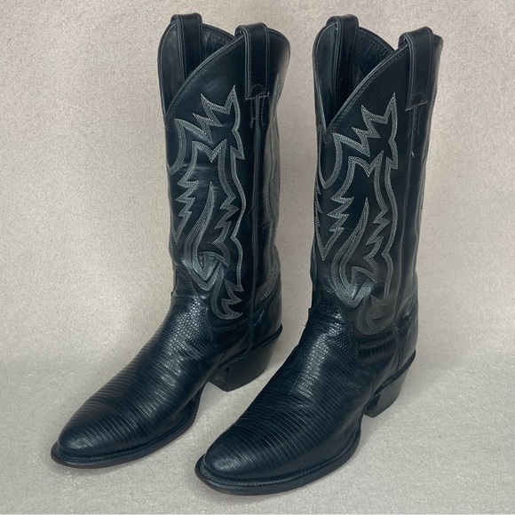 Justin Boots Shoes - Justin Lizard Leather Western Cowgirl Boots-Women’s 8-Black/White-Genuine-Exotic